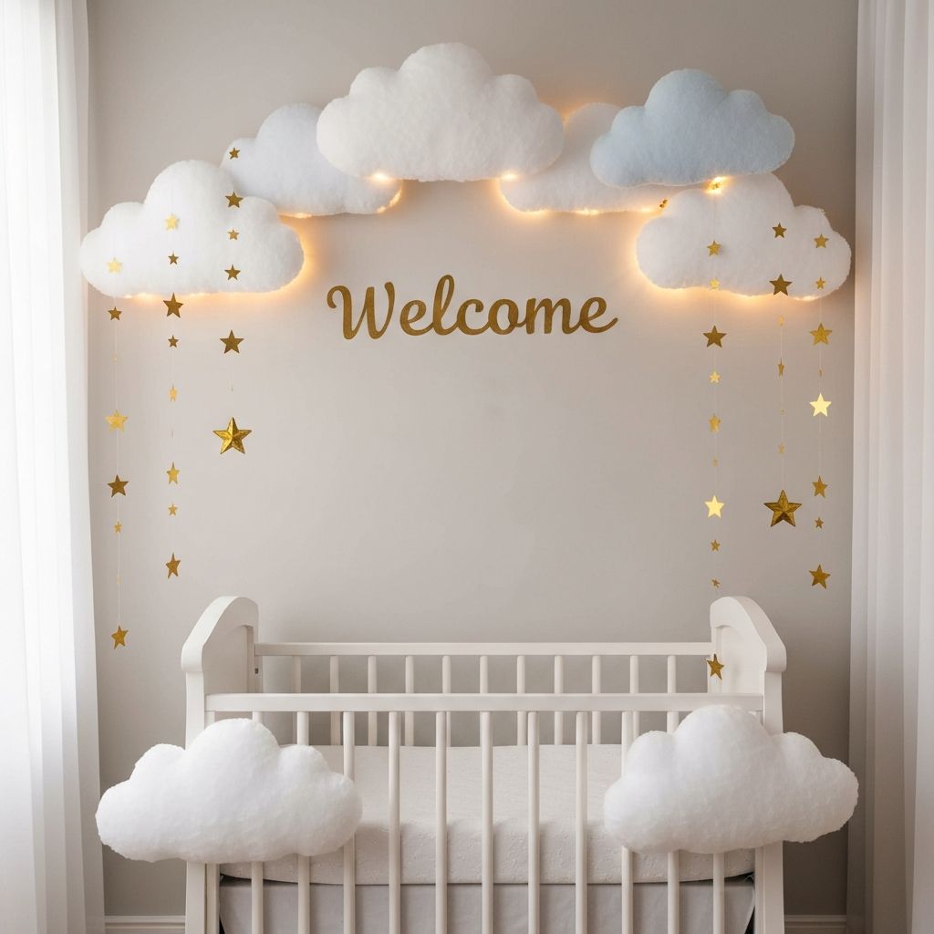Украса за посрещане на бебе облаци и звезди