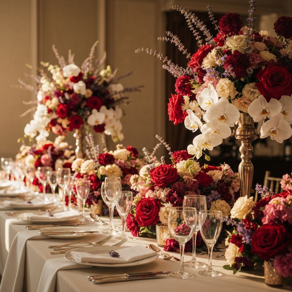 Елегантна сватбена маса с флорални композиции